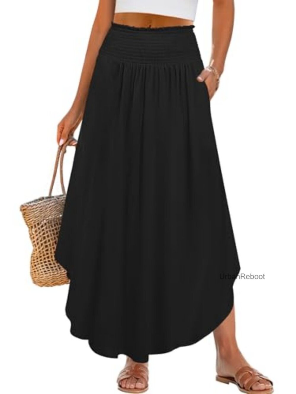 Women's Maxi Skirt Boho Floral High Waisted Pleated Long Flowy with Pockets